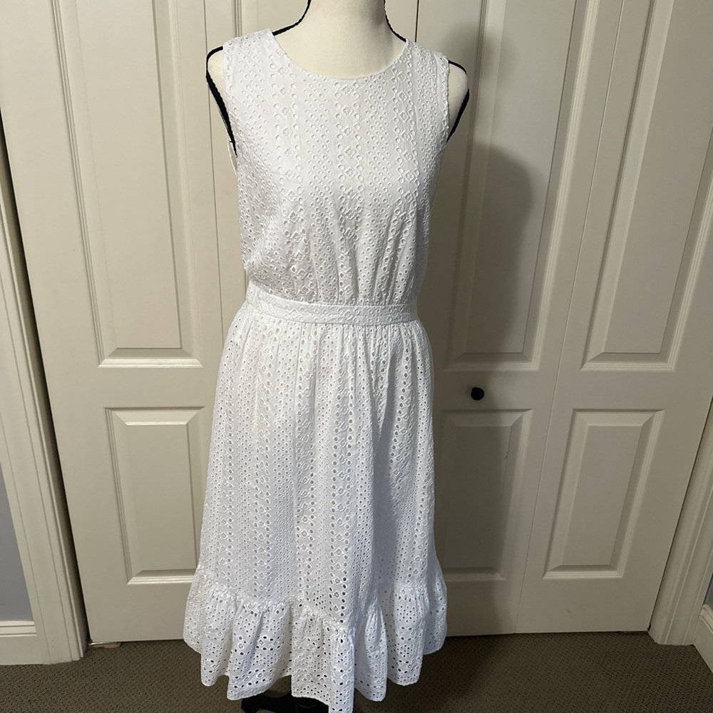 J. Crew White Eyelet Sleeveless Midi Dress with Ruffle Hem